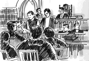 An artist's impression of the court scene involving Harshad Mehta