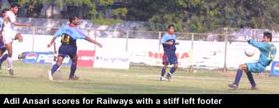 Adil Ansari scores for Railways with a stiff left footer